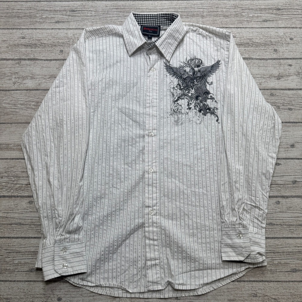Patroncito Shirt Men's Large White Pinstripe Fleur De Lis Button Down Gothic USA